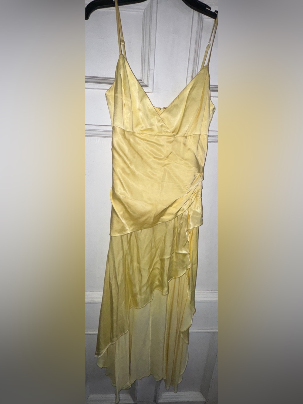 Bardot Pale Yellow Satin High-Low Ruffle Slip Dress - Picture 4 of 6